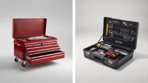 5 beste Werkzeugkästen 2026 nebeneinander – Keter Technician, Stanley Essential, Bosch L-BOXX, Stier Aluminium, Meister Trolley im direkten Vergleich